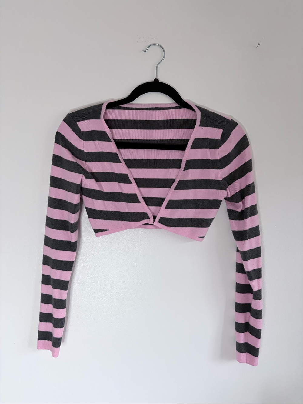 pink + grey striped cropped cardigan